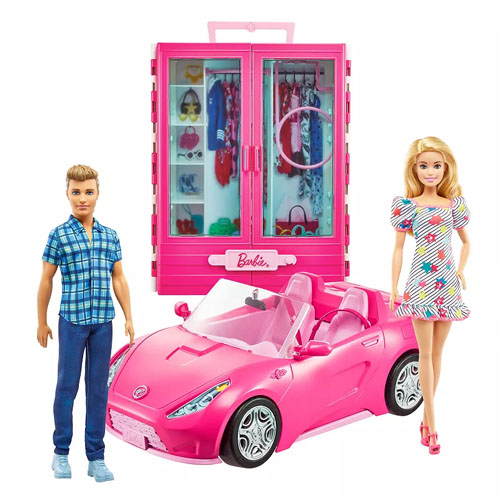 Doll set featuring a blonde female doll, a male doll in a blue plaid shirt, a pink convertible car, and a wardrobe closet with various outfits and accessories inside.