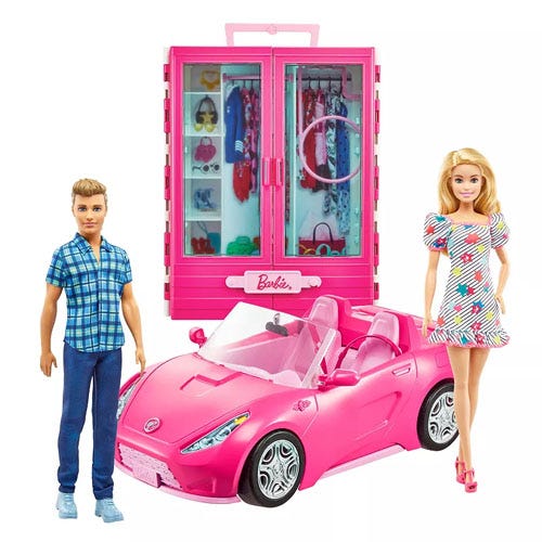 Doll set featuring a blonde female doll, a male doll in a blue plaid shirt, a pink convertible car, and a wardrobe closet with various outfits and accessories inside.