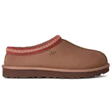 A brown UGG slipper featuring a red and beige knit trim around the ankle, with a brown sole.