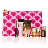 Estee Lauder cosmetic set with a pink patterned pouch includes mascara, eye cream, cleansing gel, face cream, and serum in assorted packaging.