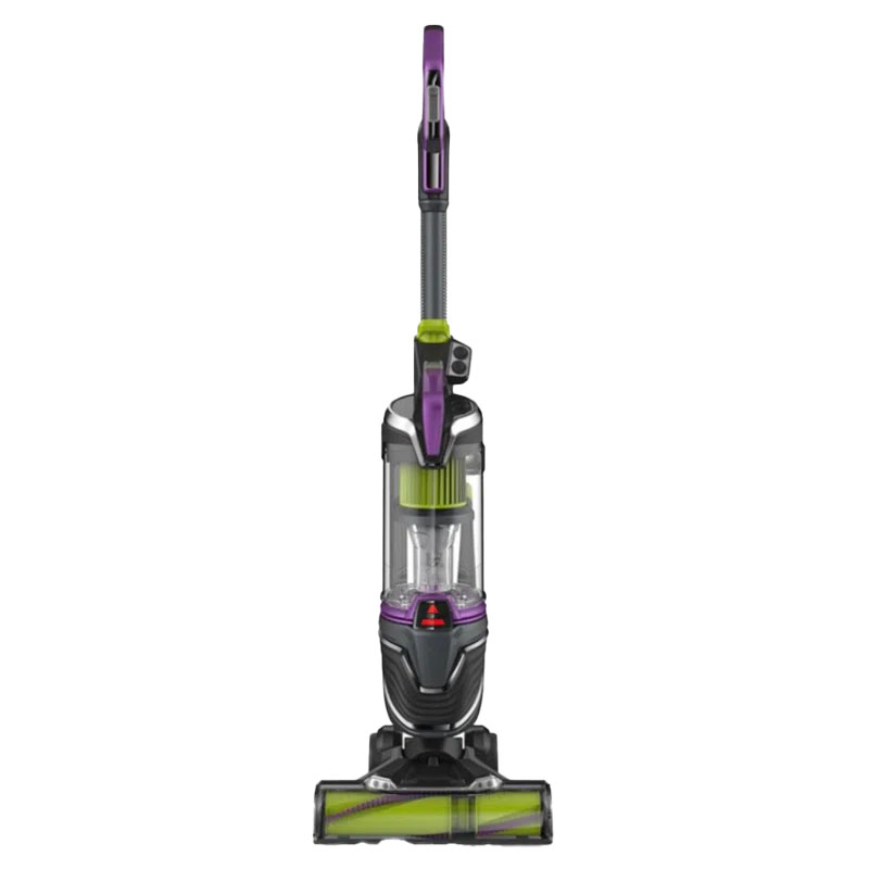 Upright vacuum cleaner with a green and purple color scheme, designed for pet hair removal, featuring a detachable canister and multiple adjustable settings.
