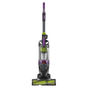 Upright vacuum cleaner with a green and purple color scheme, designed for pet hair removal, featuring a detachable canister and multiple adjustable settings.