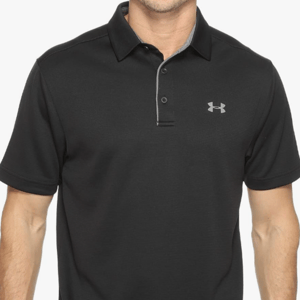 A man wearing a black collared polo shirt with a small logo on the right chest.