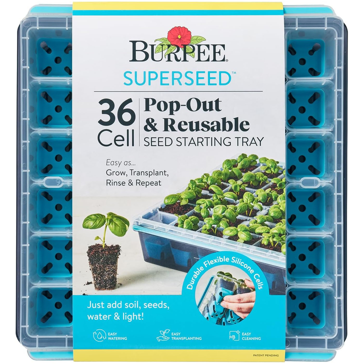 Burpee SuperSeed 36 Cell Pop-Out & Reusable Seed Starting Tray features durable, flexible silicone cells for easy transplantation. It's designed for simple use: add soil, seeds, water, and light, facilitating easy watering, transplanting, and cleaning.