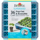 Burpee SuperSeed 36 Cell Pop-Out & Reusable Seed Starting Tray features durable, flexible silicone cells for easy transplantation. It's designed for simple use: add soil, seeds, water, and light, facilitating easy watering, transplanting, and cleaning.
