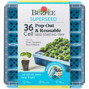 Burpee SuperSeed 36 Cell Pop-Out & Reusable Seed Starting Tray features durable, flexible silicone cells for easy transplantation. It's designed for simple use: add soil, seeds, water, and light, facilitating easy watering, transplanting, and cleaning.