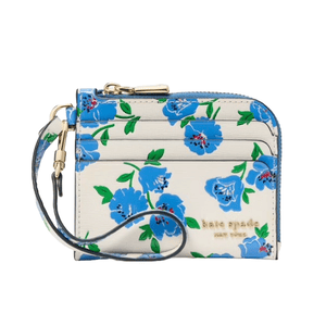 A compact zip cardholder with a blue floral pattern on a light background, featuring card slots, a zippered compartment, and a wrist strap.