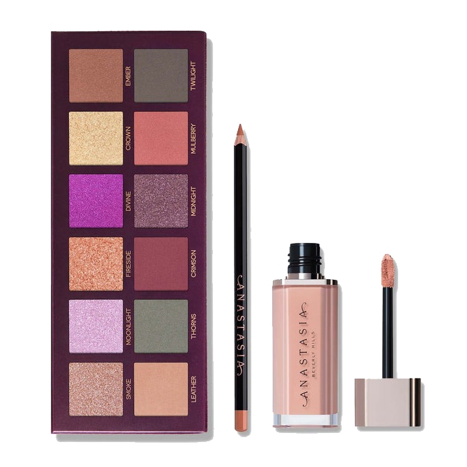 Anastasia Beverly Hills makeup set featuring an eyeshadow palette with 12 shades, a nude lip gloss, and a lip liner in a complementary shade.