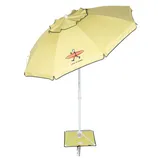 A yellow beach umbrella featuring a stick figure with a surfboard and the phrase \“Life is Good,\“ with a spiral anchor and base support.