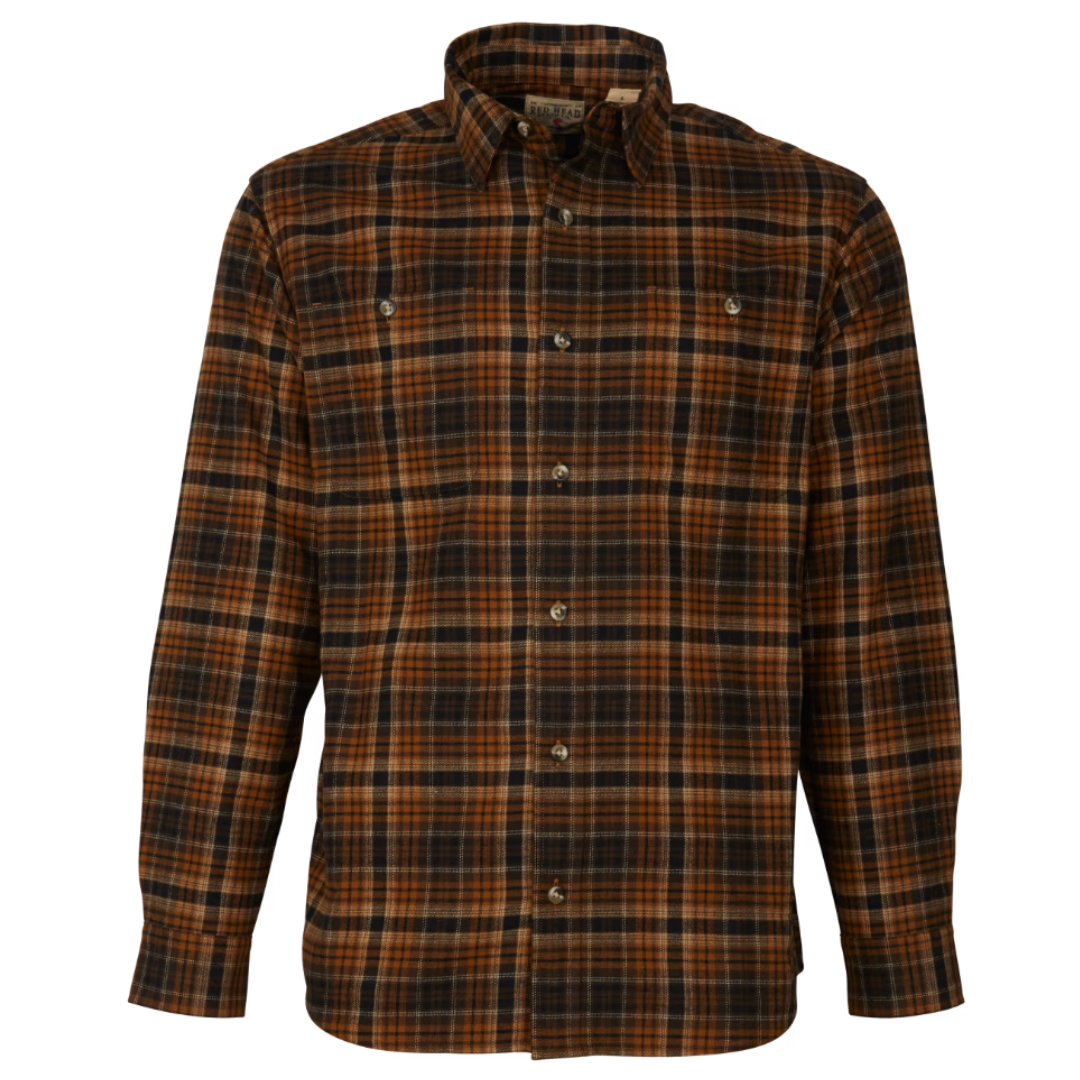 Brown and black checked flannel shirt with a collar and button-up front.