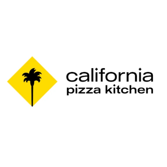 Logo of California Pizza Kitchen featuring a black palm tree silhouette inside a yellow diamond, with the text \“california pizza kitchen\“ to the right.