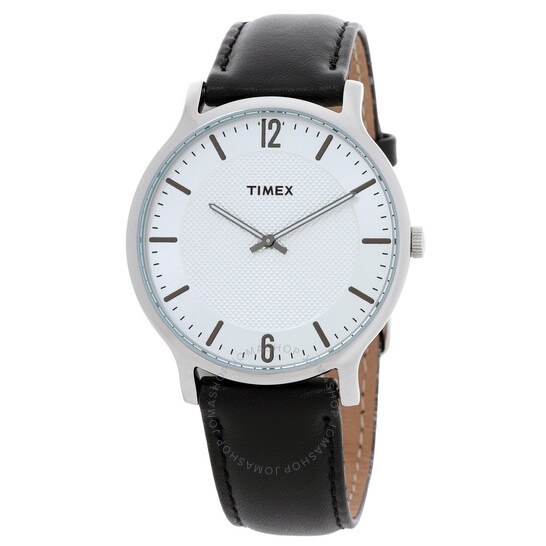 Timex Men's Metropolitan Quartz Watch features a minimalist design with a white dial, silver-tone case, black hour markers, and a black leather strap.