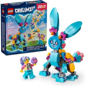 LEGO DREAMZzz Bunchu's Creative Animal Adventures set includes a colorful, buildable blue bunny with large ears and floral decorations, along with a mini-figure holding a round, purple creature. It's a 143-piece set designed for ages 7 and up.
