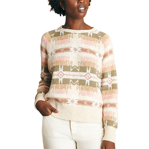 Faherty Slub Pullover is a soft sweater featuring a southwestern-inspired pattern in muted pink, beige, and olive tones, with a round neckline and ribbed cuffs and hem.