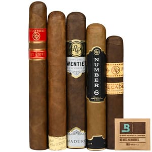 A selection of five cigars from the Rocky Patel brand, featuring various editions such as Sun Grown, The Edge, Twentieth Anniversary, Number 6, and Decade, accompanied by a Boveda humidity control pack.