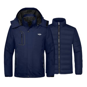Two blue jackets are shown: one is a hooded waterproof jacket with multiple pockets, and the other is a padded zip-up inner jacket.