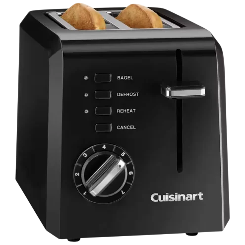 A black Cuisinart toaster with slots for two slices, featuring bagel, defrost, reheat, and cancel functions.