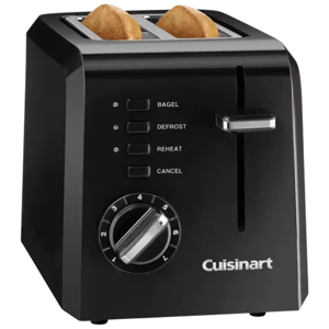 A black Cuisinart toaster with slots for two slices, featuring bagel, defrost, reheat, and cancel functions.