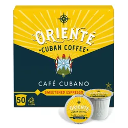 Oriente Cuban Coffee Café Cubano, Sweetened Espresso, Kosher, 50 pods. Recyclable 2.0 cup design with distinctive yellow and navy packaging.