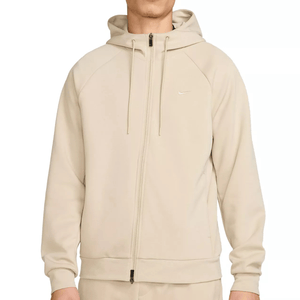 A beige full-zip hoodie with a small logo on the chest, featuring a hood with drawstrings and ribbed cuffs and hem.