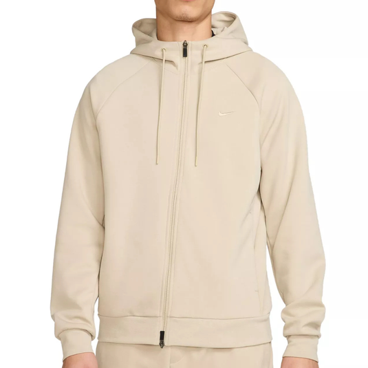A beige full-zip hoodie with a small logo on the chest, featuring a hood with drawstrings and ribbed cuffs and hem.