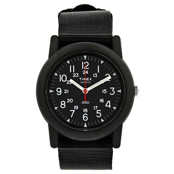Timex Men's Black Dial Camper GMT Watch features a black round dial with white numerals and a red second hand, 24-hour markers, and a black nylon strap. The case is black with a minimalist design and a quartz movement.