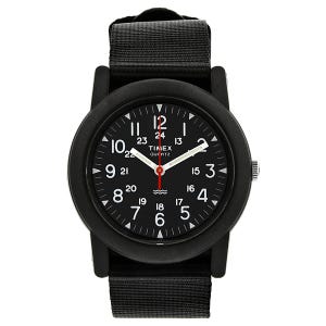 Timex Men's Black Dial Camper GMT Watch features a black round dial with white numerals and a red second hand, 24-hour markers, and a black nylon strap. The case is black with a minimalist design and a quartz movement.