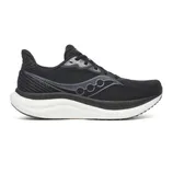 Black running shoe with a breathable mesh upper and cushioned white sole, featuring a distinctive wavy stripe design on the side.