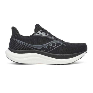 Black running shoe with a breathable mesh upper and cushioned white sole, featuring a distinctive wavy stripe design on the side.