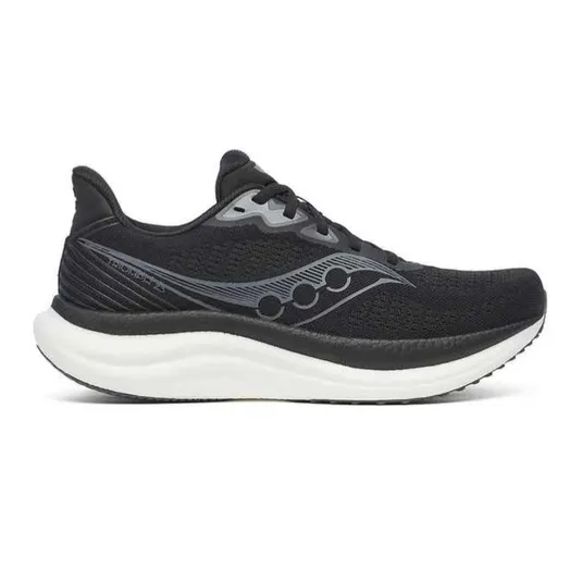 Black running shoe with a breathable mesh upper and cushioned white sole, featuring a distinctive wavy stripe design on the side.
