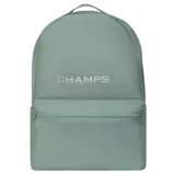 A minimalist sage green backpack with a front zip pocket and \“CHAMPS\“ embroidered in white on the front.