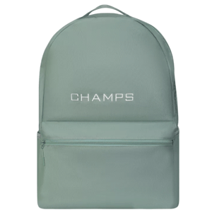 A minimalist sage green backpack with a front zip pocket and \“CHAMPS\“ embroidered in white on the front.