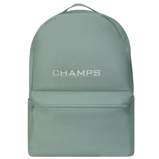 A minimalist sage green backpack with a front zip pocket and \“CHAMPS\“ embroidered in white on the front.