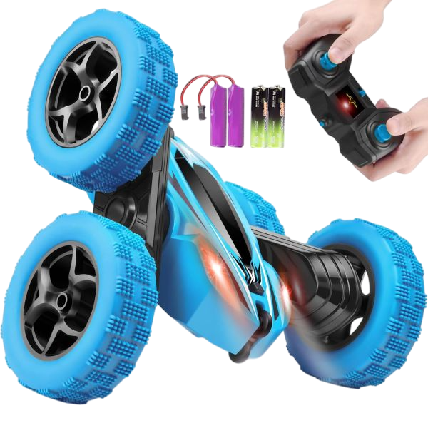 A blue remote-controlled stunt car with large treaded wheels is shown alongside two rechargeable batteries and three AA batteries.