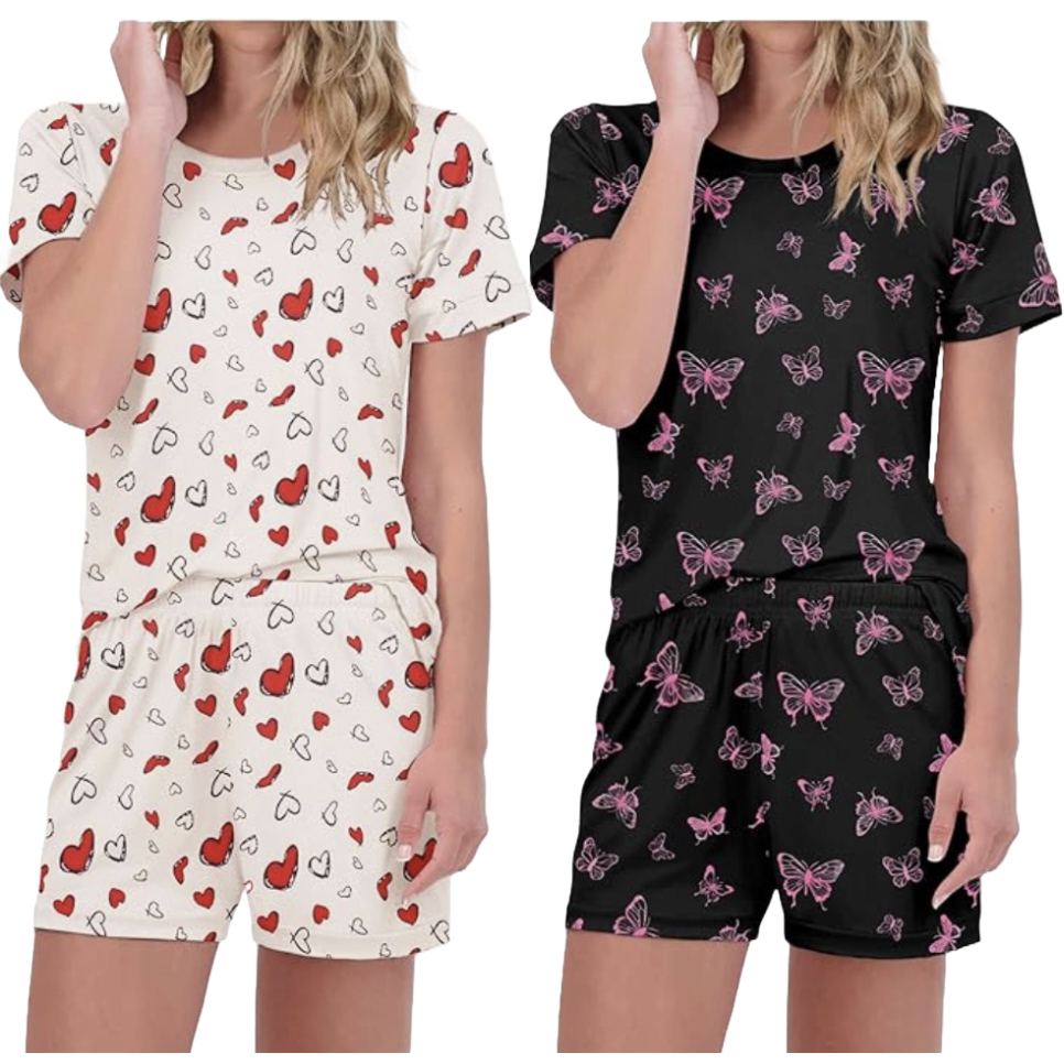 Two sets of short-sleeve pajama outfits; one with a cream background featuring red and black hearts, the other with a black background showcasing pink butterflies.