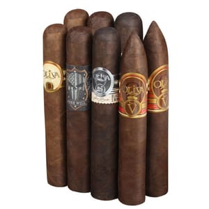 A collection of cigars with various labels, including Oliva branding. They feature different colors and markings, suggesting diverse blends and flavors.