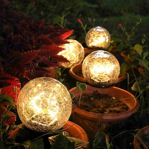 Glowing spherical lights nestled among garden plants, creating a warm and decorative outdoor ambiance.
