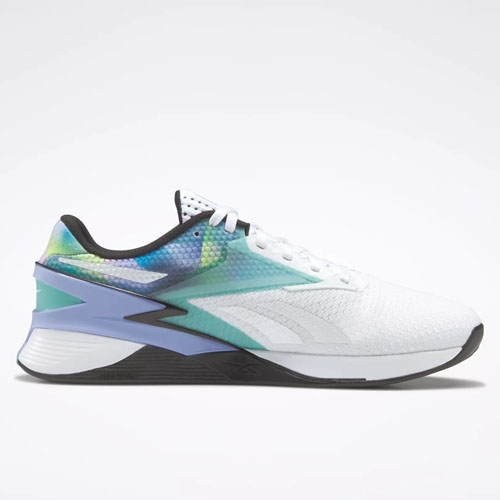 White running shoe with a multicolored pattern and teal accents.