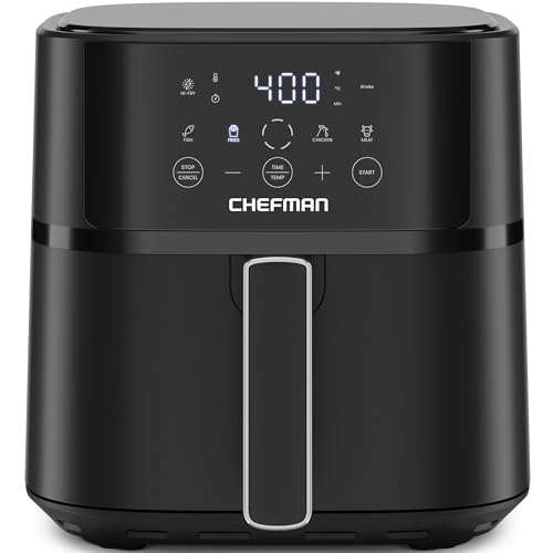 A black Chefman air fryer with a digital touchscreen display, featuring controls for time, temperature, and cooking presets, as well as a prominent handle on the front.