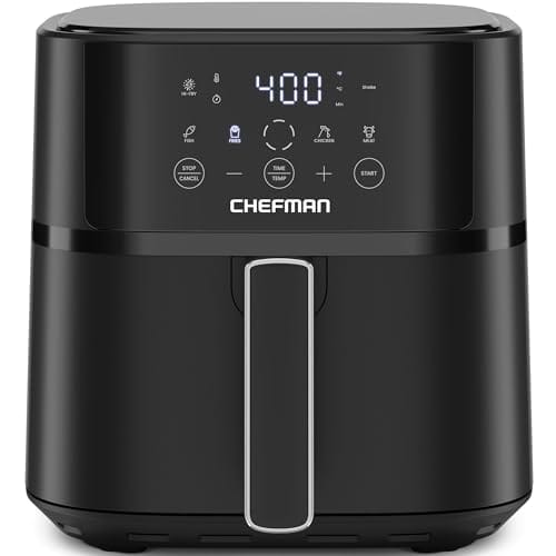 A black Chefman air fryer with a digital touchscreen display, featuring controls for time, temperature, and cooking presets, as well as a prominent handle on the front.