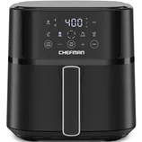 A black Chefman air fryer with a digital touchscreen display, featuring controls for time, temperature, and cooking presets, as well as a prominent handle on the front.