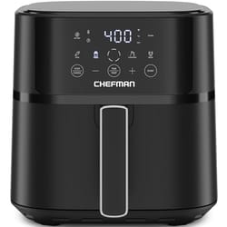 A black Chefman air fryer with a digital touchscreen display, featuring controls for time, temperature, and cooking presets, as well as a prominent handle on the front.
