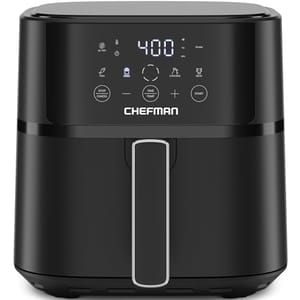 A black Chefman air fryer with a digital touchscreen display, featuring controls for time, temperature, and cooking presets, as well as a prominent handle on the front.