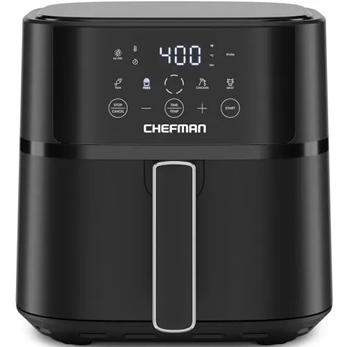 A black Chefman air fryer with a digital touchscreen display, featuring controls for time, temperature, and cooking presets, as well as a prominent handle on the front.