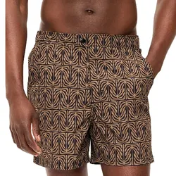 Brown patterned swim trunks with an elastic waistband and side pockets.