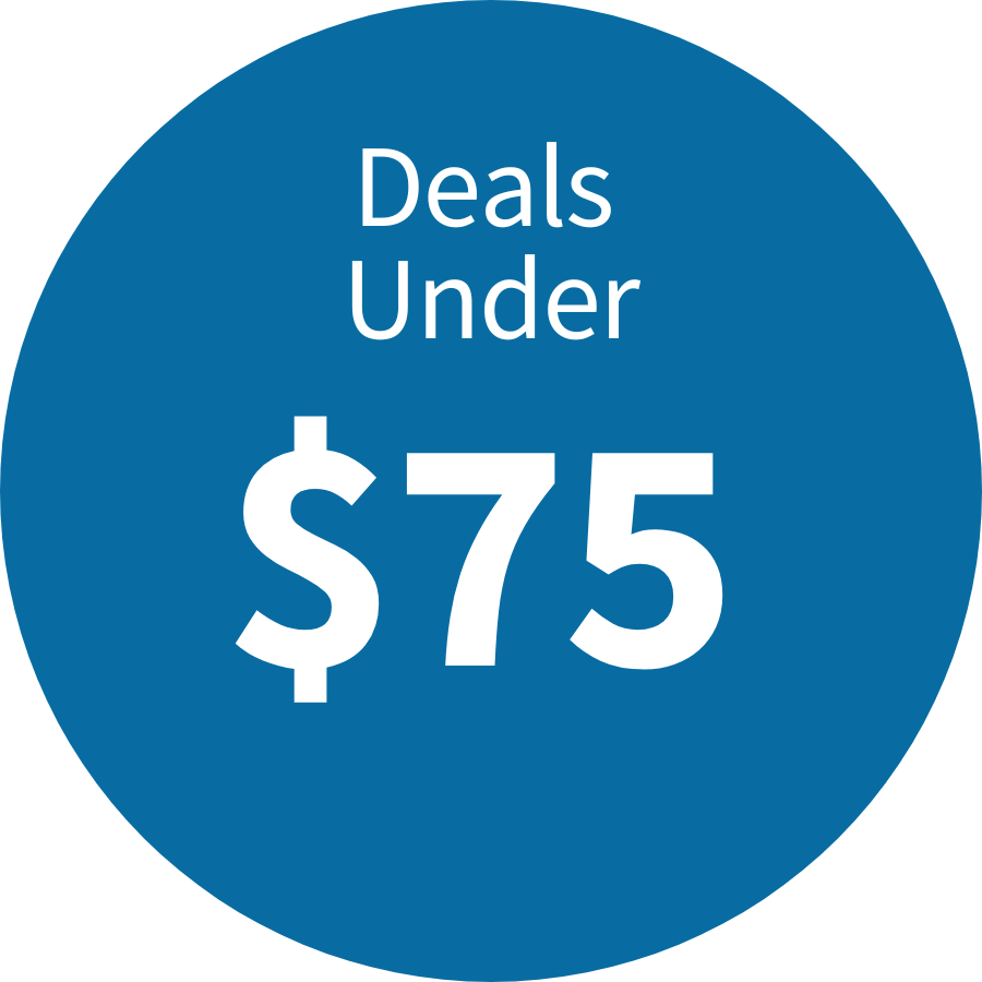 Deals under $75 are highlighted on a blue circular background with a white dollar sign.