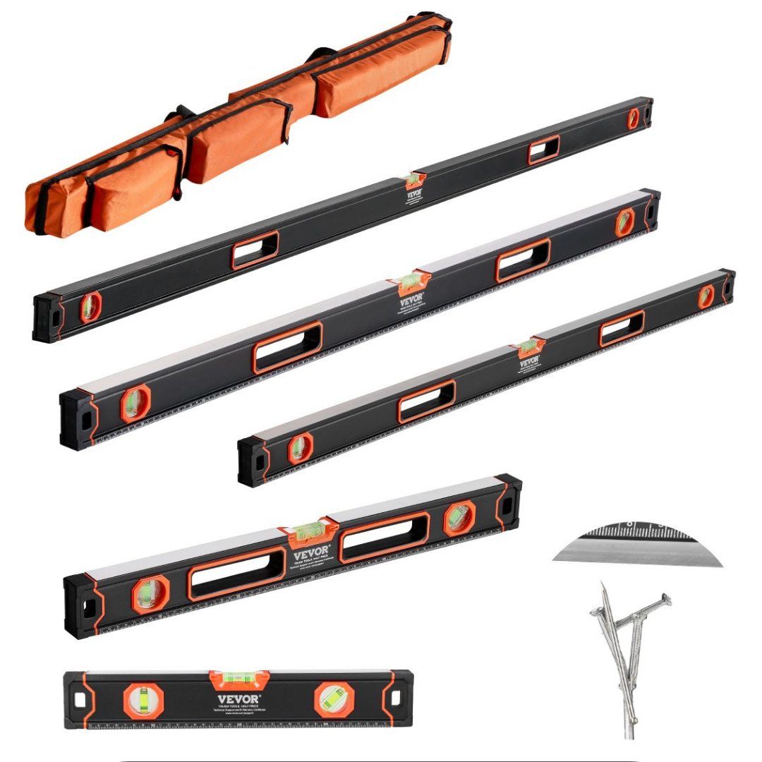 A set of four Vevor levels with unit grip, a protractor, nails, and an orange carrying case.