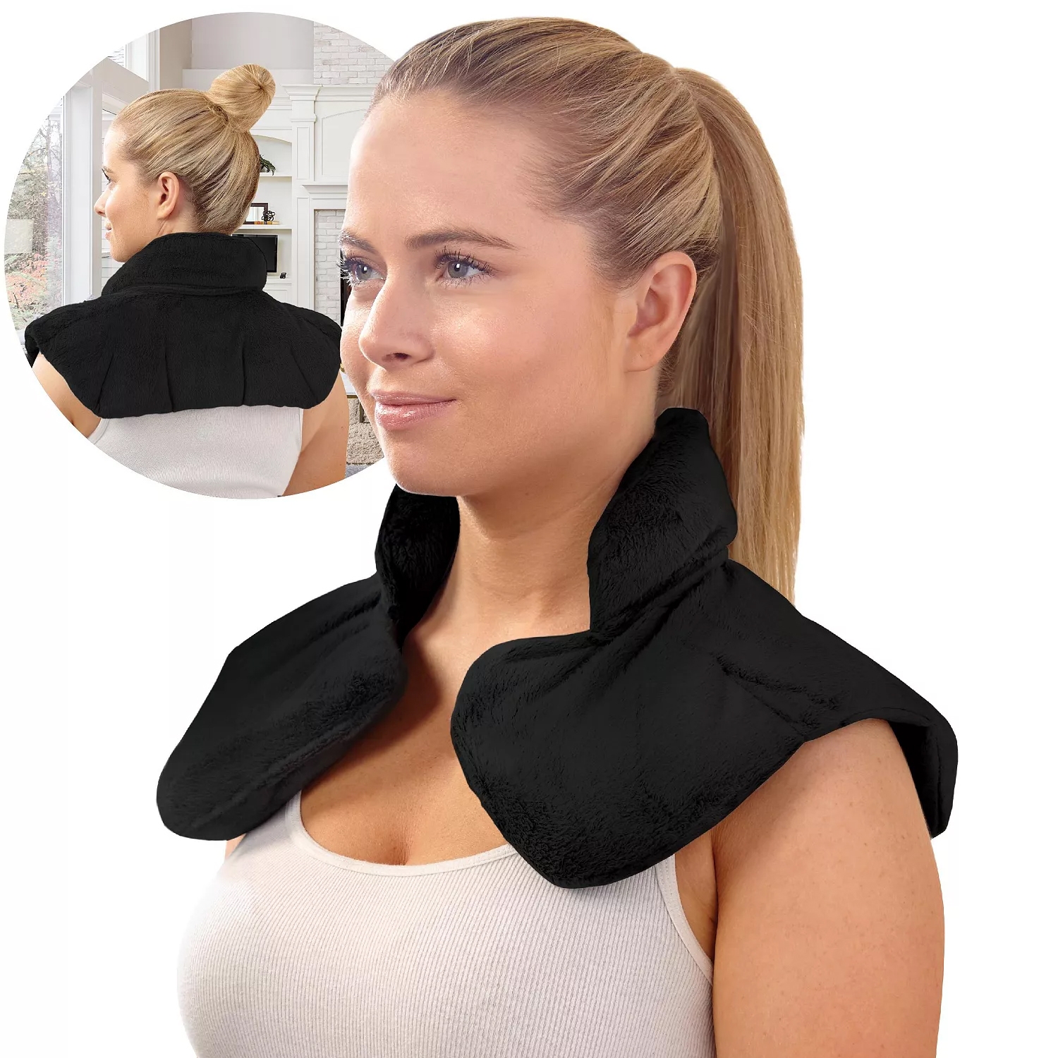 A woman wears a black heated neck and shoulder wrap designed for comfort and pain relief, featuring a high collar and extending over the shoulders.