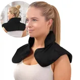 A woman wears a black heated neck and shoulder wrap designed for comfort and pain relief, featuring a high collar and extending over the shoulders.