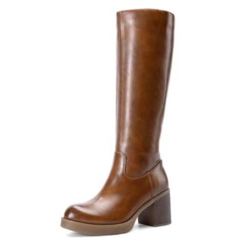 Brown knee-high boot with a block heel and rounded toe, featuring a smooth leather-like finish.